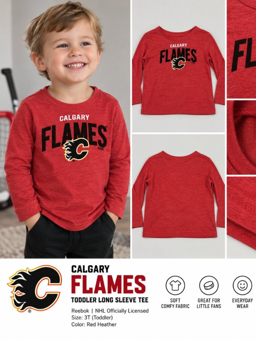 Calgary Flames NHL Long Sleeve Shirt Toddler 3T Red Hockey